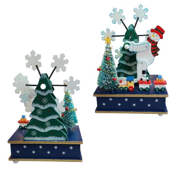 Wooden Christmas Snowman Windup Music Box Rotating Snowflakes Vintage - Picture 5 of 7